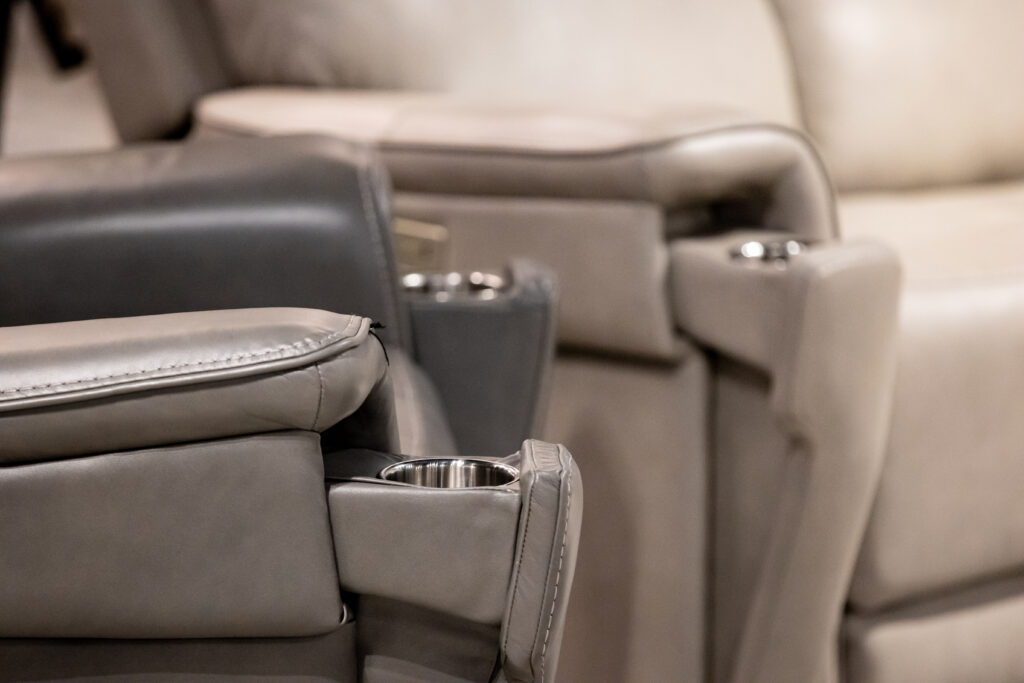 cup holder on grey leather reclining sofa