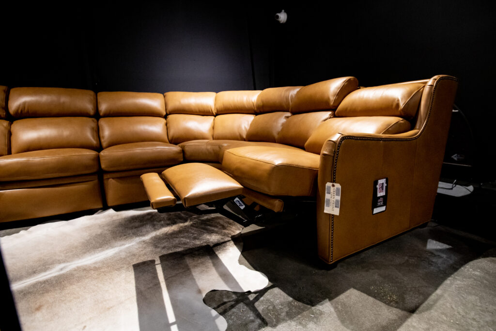 light brown leather reclining sectional couch