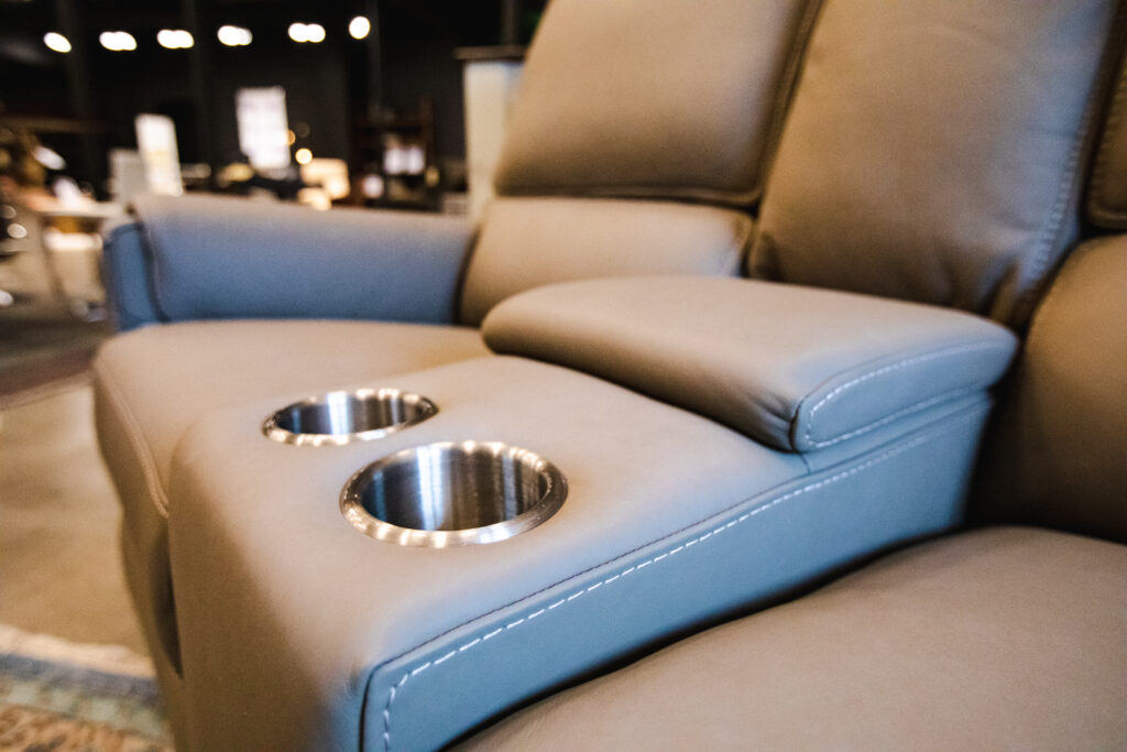 cup holder on grey leather reclining sofa