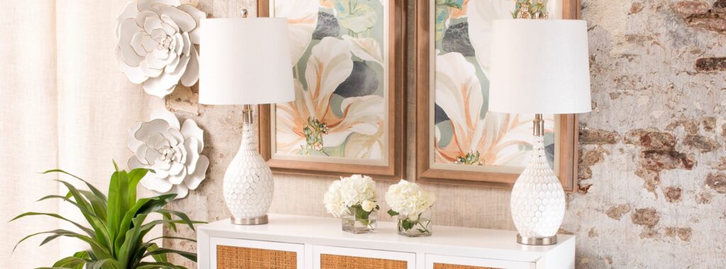 Stylecraft lighting, American Made Furniture, white console with wicker pannels