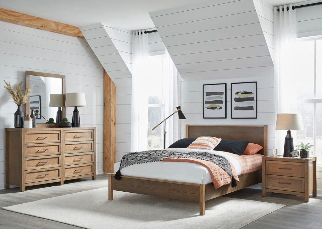 Witmer bedroom furniture, wooden furniture bed frame, dresser, and side table